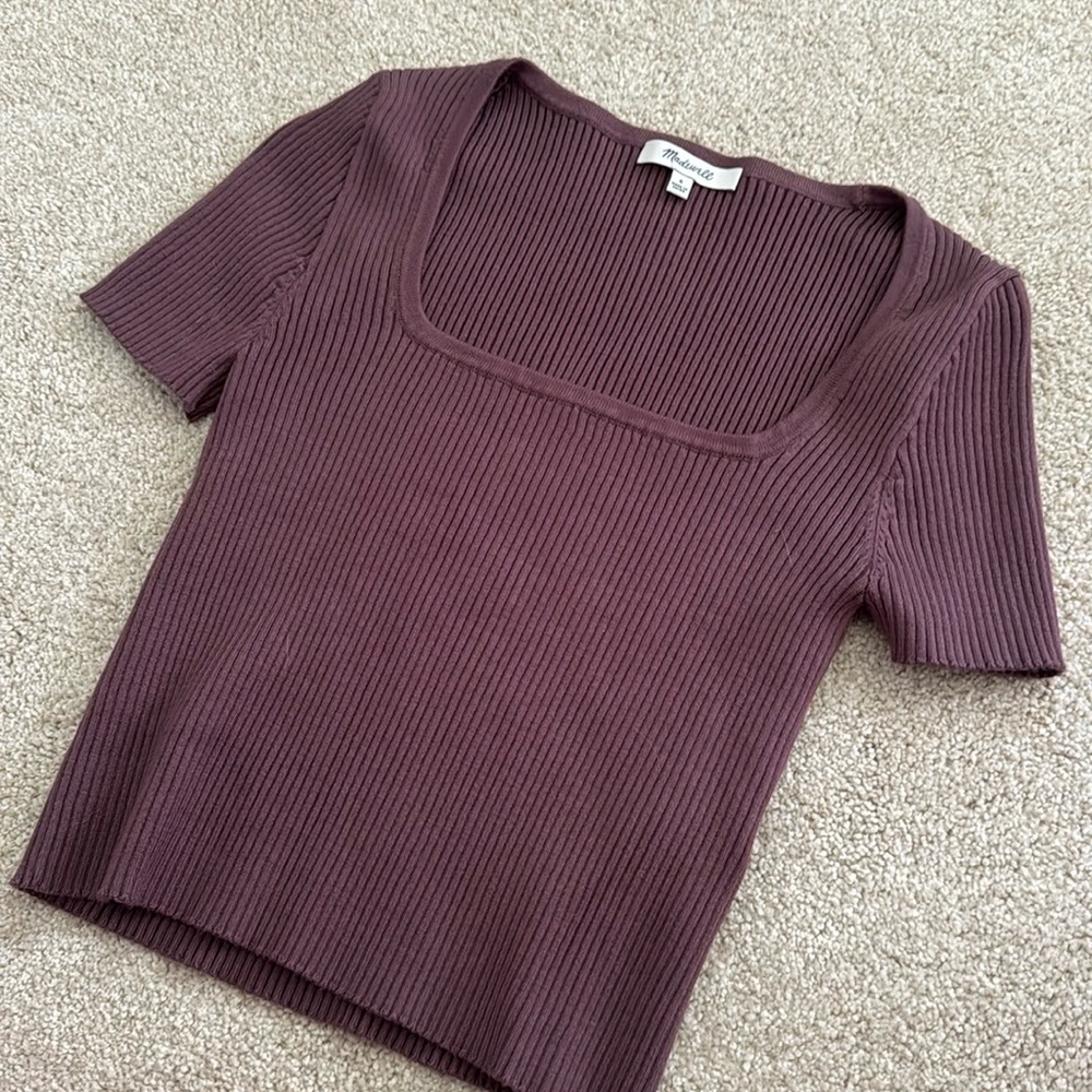 Madewell Ribbed Square Neck Blouse in Plum